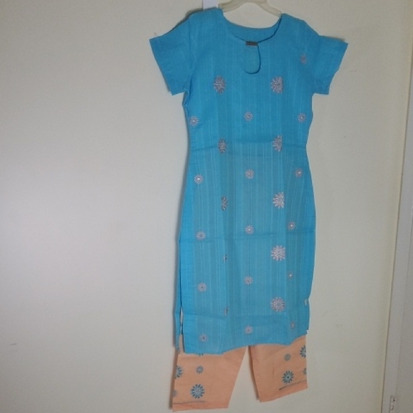 Exotic Blue and Peach Embroidered Kurta Set - Picture 1 of 11